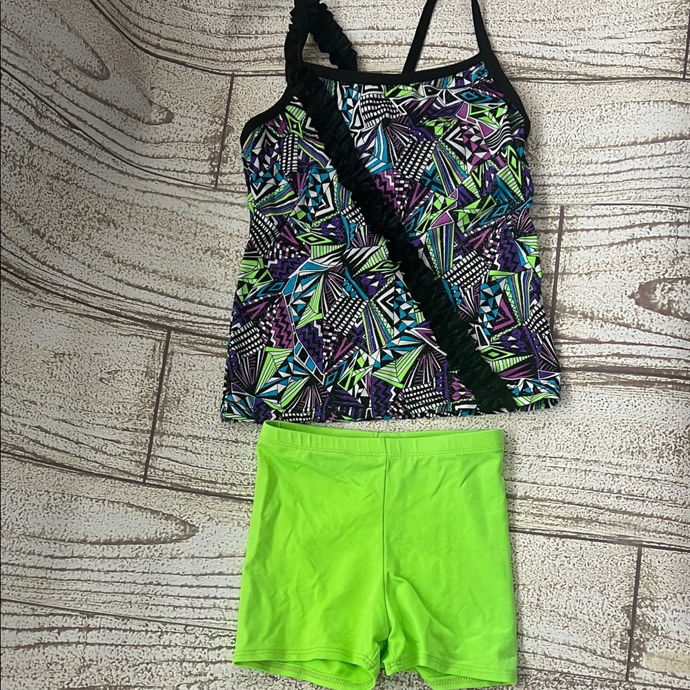 Colorful Geometric Tankini with Neon Green Shorts